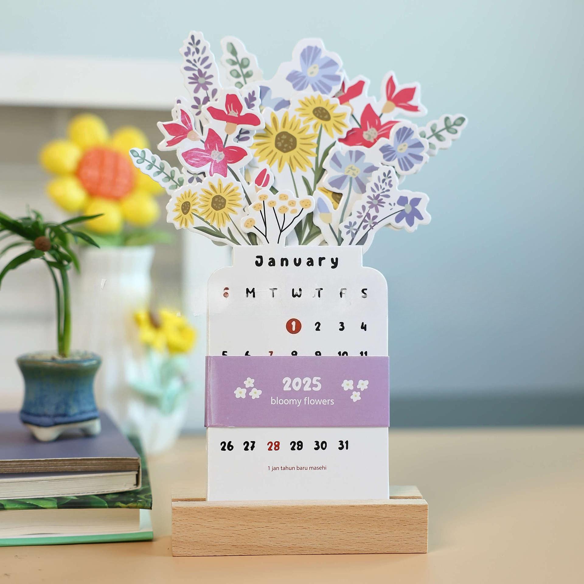 2025 Flower Vase Calendar Creative Flower Desk Calendar with Wooden Base Bloomy Flower Mini Desk Calendar for Office