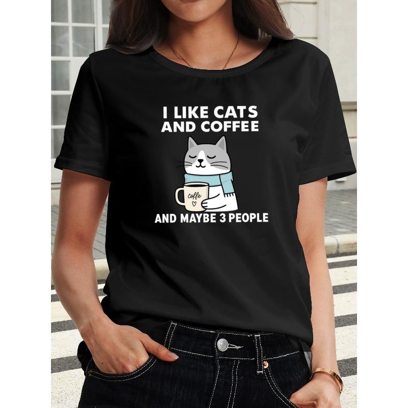 Women'S Cat And Coffee Pattern T-Shirt | Comfortable And Breathable Round Neck Short-Sleeved Casual Top, Simple Summer And Spring Women'S Clothing