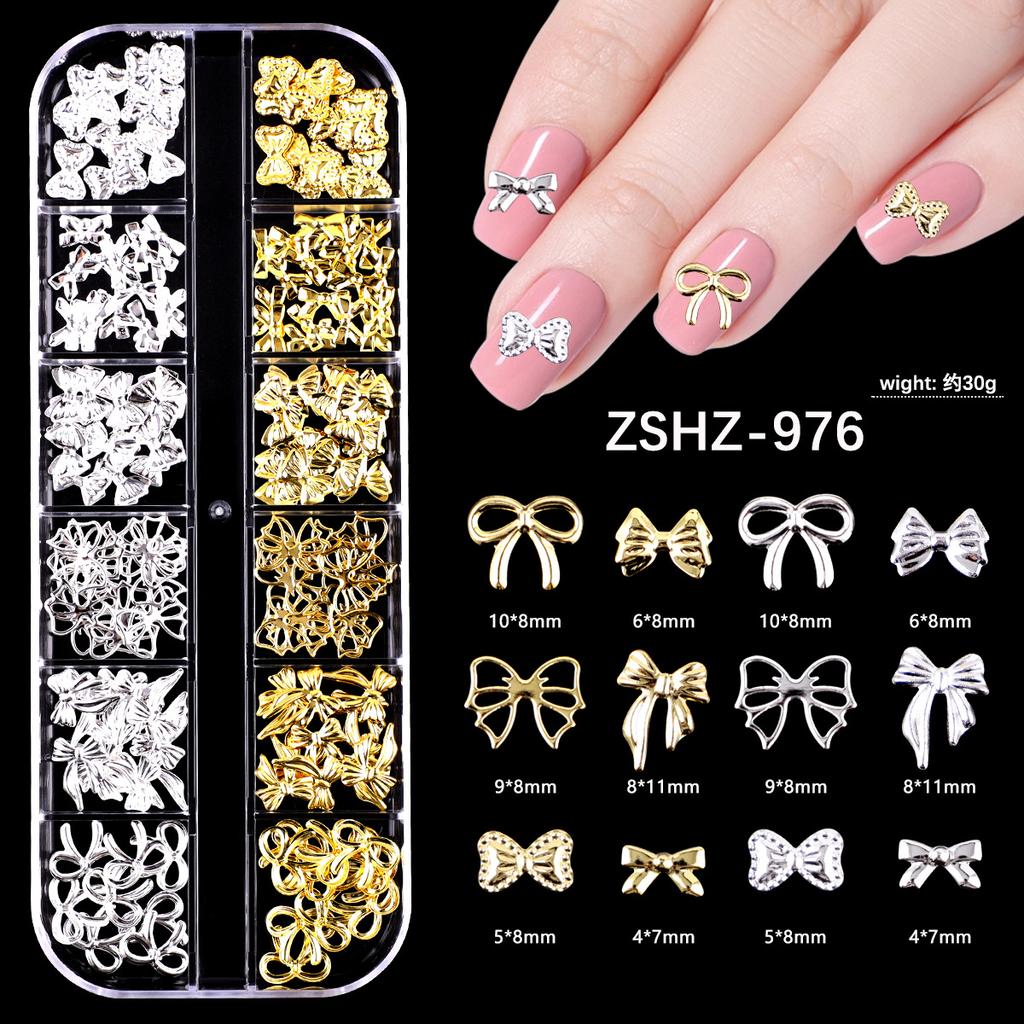 Japanese Bow Strip Box, Gold And Silver Nail Art Rivets, Half A Piece, Round Beads, Small Rice Grains, Butterfly Metal Nail Patch.