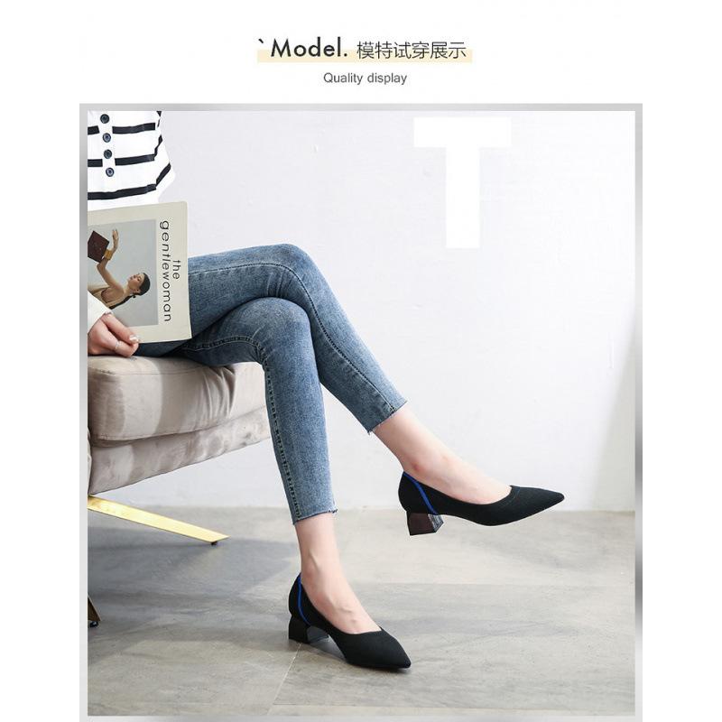 High Heels Einzelne Schuhe Leopardenmuster Fliegendes Gewebe Spitz Zehen Dicke Ferse Leichter Mund Mittelhohe Ferse Gewebte High Heels Damen