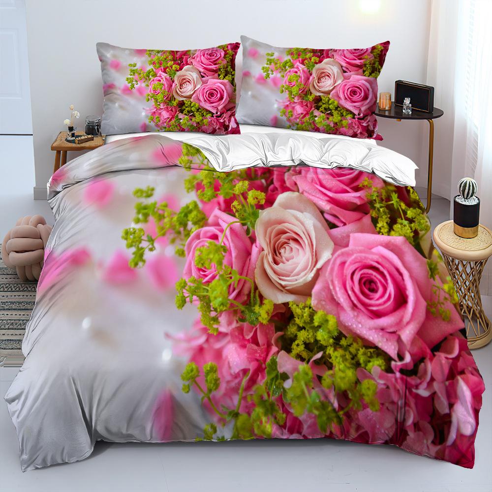 3D Digital Printing Three-Piece Set, Spring Flower Series Rose Quilt Set, Bedding Three-Piece Set
