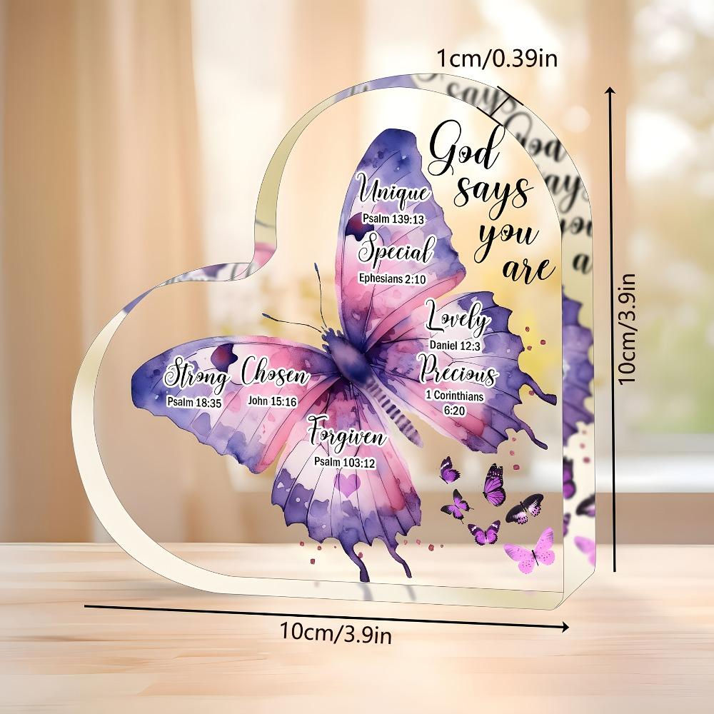 Inspirational Christian Heart-Shaped Acrylic Plaque for Women - "God Says You Are" Religious Gift with Butterfly Design, Scripture Verses & Pink Acce