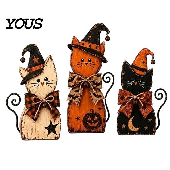 Country Style Holiday Room Ornaments Rustic Wooden Cat Ornament, Vintage Halloween/Flower Wood Tabletop Signs, Housewarming Gift Ideas Distressed