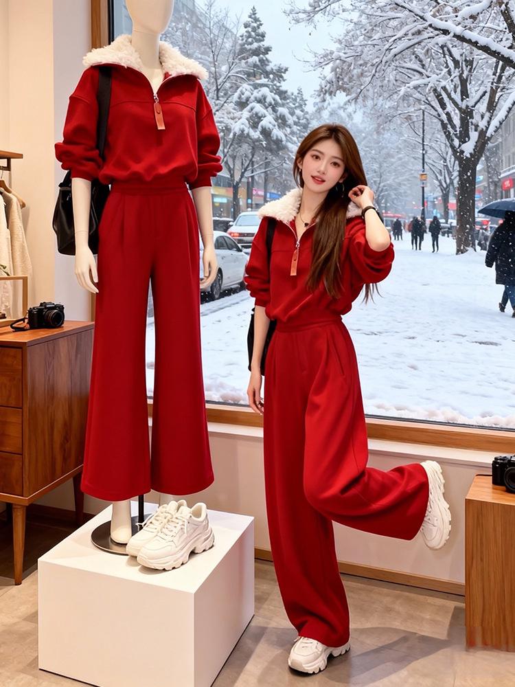 Tuta sportiva casual da donna invernale rossa 2025: Completo due pezzi con felpa spessa in velluto e pantaloni a gamba larga
