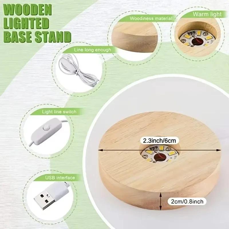 8cm Battery Operated Round Wooden WarmLight Dispaly Base Stand Holder able LED Night Lamp Base Crystal Glass Resin Art Ornaments