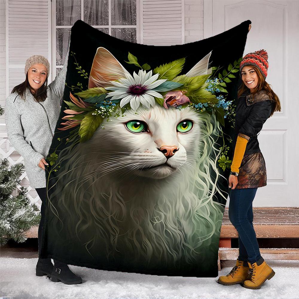 1pc Feline, Floral Outdoor Blanket - Soft Flannel Cozy for Travel & Camping - All-Season Warm Bed Cover, Machine Washable Yy251229107