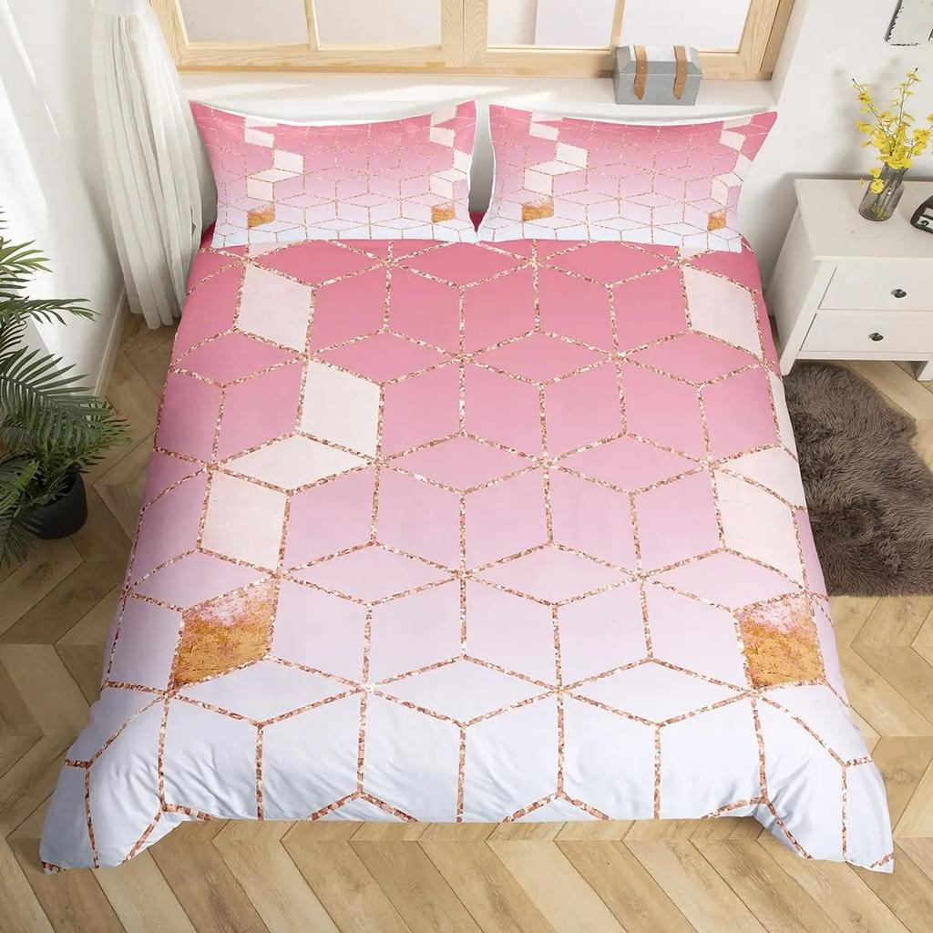 Geometry Ombre Duvet Cover Full King,Honeycomb Marble Geometric Bedding Set For Teen Girls Women Diamond Hexagon Comforter Cover
