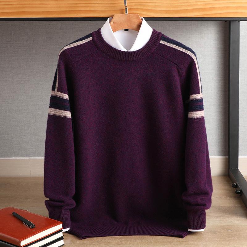 Men's Cashmere Wool Color Block Round Neck Sweater, Korean Style Loose Casual Knit Pullover, Plus Size for Autumn/Winter