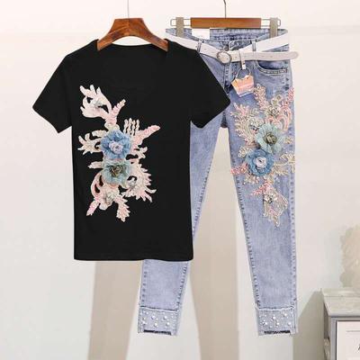 Letni Damski Zestaw Casualowy Dwuczęściowy Moda Damska Luźny Haft Krótki Rękaw Top i Spodnie Jeansowe Krótkie Garnitur Plus Size