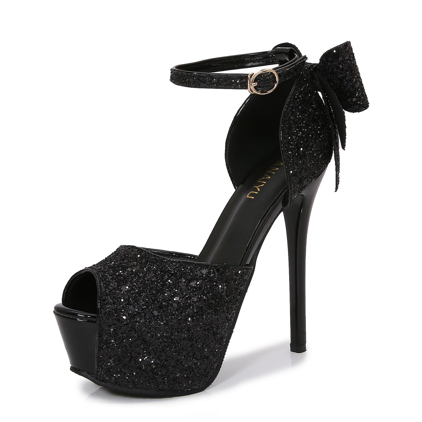 

Модные туфли-лодочки на высоком каблуке 14 см, женские свадебные банкетные туфли, ремешки на щиколотке, бантик сзади, платформа, элегантные туфли на каблуке, размер 34 34 чёрный