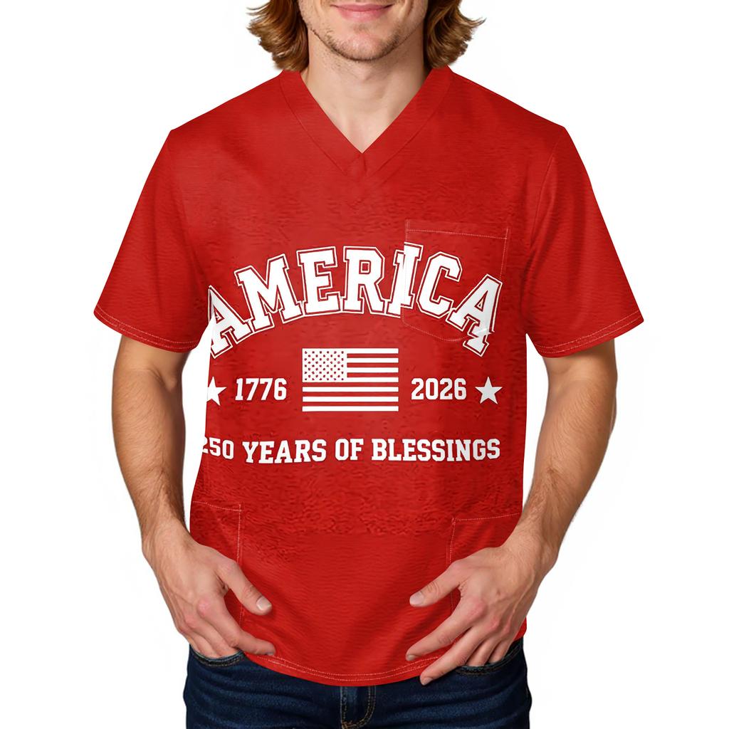 Men's Short Sleeve V Neck Medical Scrub Top with Pocket Independence Day Star Print Workwear Shirt for Healthcare Professionals