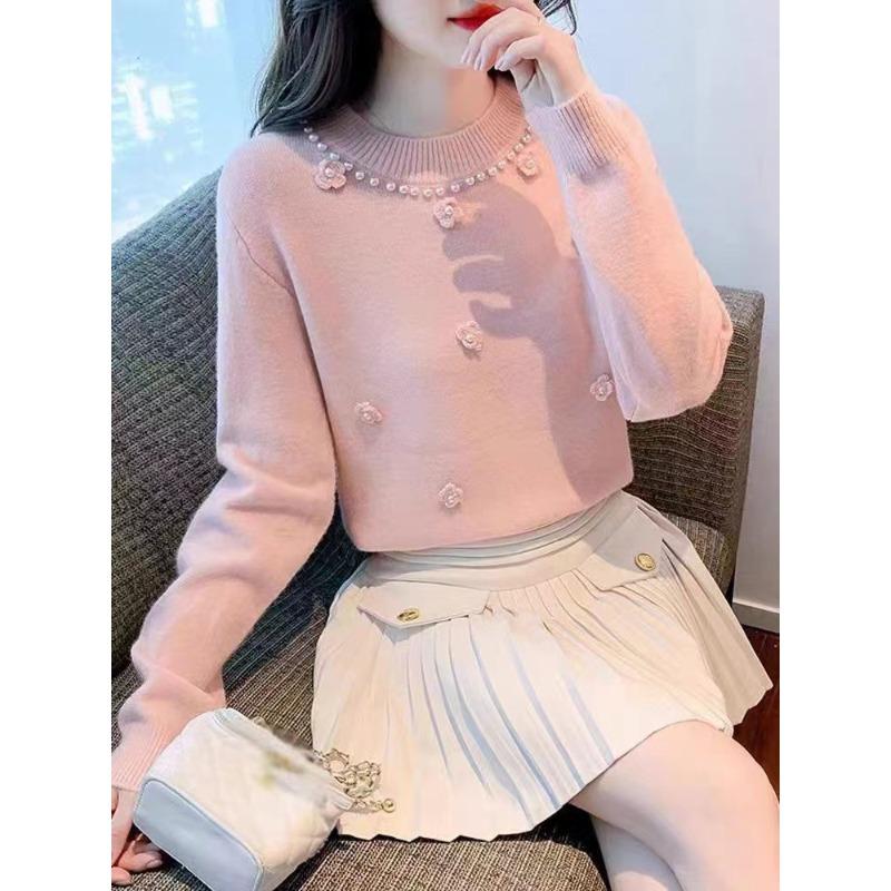 

Осень и зима теплый осенний мягкий ветер трикотажный свитер с длинными рукавами уменьшающий возраст милый свитер с вязаным узором из бусин и дисковых цветов one size fits all розовый