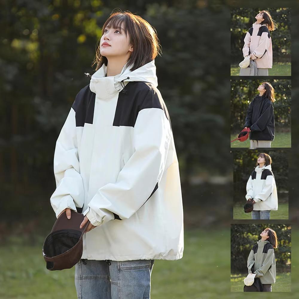 Women's Casual Outdoor Contrast Color Waterproof Hooded Jacket Autumn Winter Unisex Zipper Closure Lightweight Windbreaker for Hiking Camping