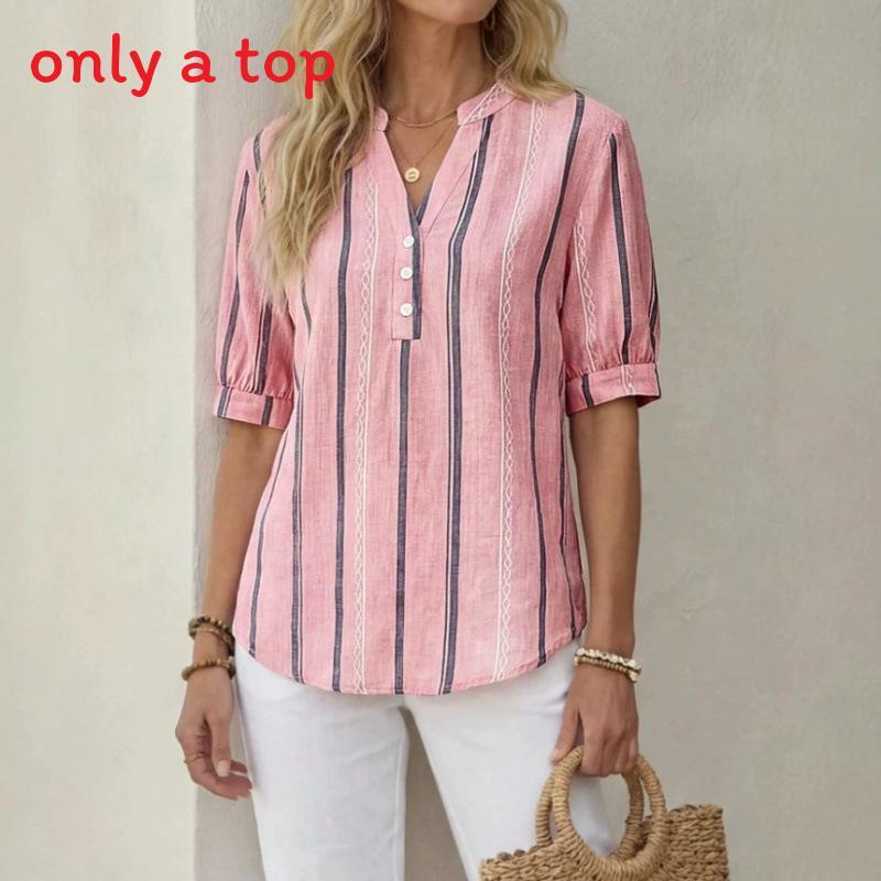 Summer Womens Short Sleeve Linen Striped Print Shirt With V Neck For Casual Wear