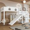 Stapelbed, Kinderen met Raam, met Glijbaan, Trap met Leuning, met 2 Kasten, Ruime Opbergruimte, Grenen+MDF, Wit+Bruin, 90x200cm