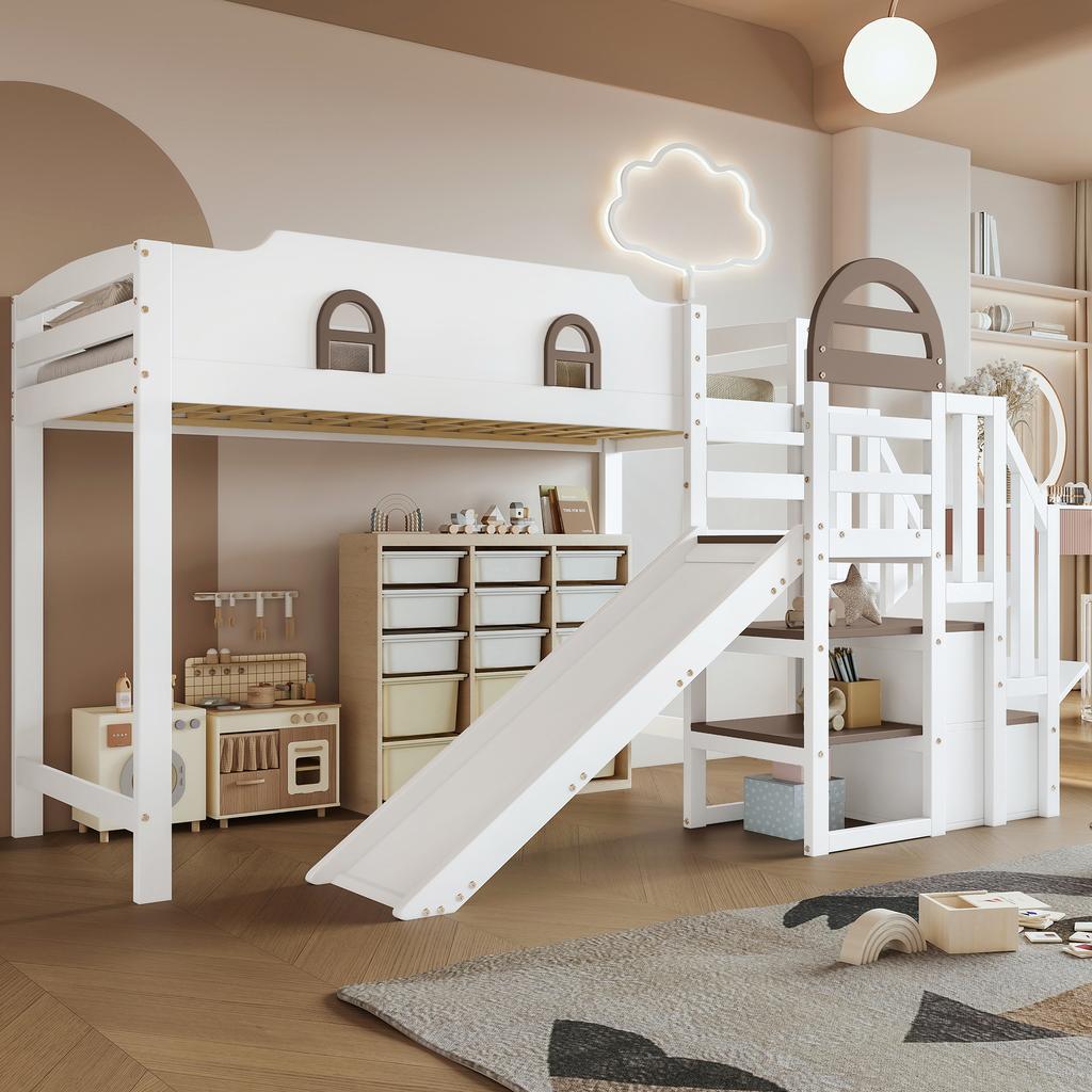 Bunk Bed, Children's with Window, with Slide, Stairs with Handrail, with 2 Lockers, Ample Storage Space, Pine+MDF, White+Brown, 90x200cm