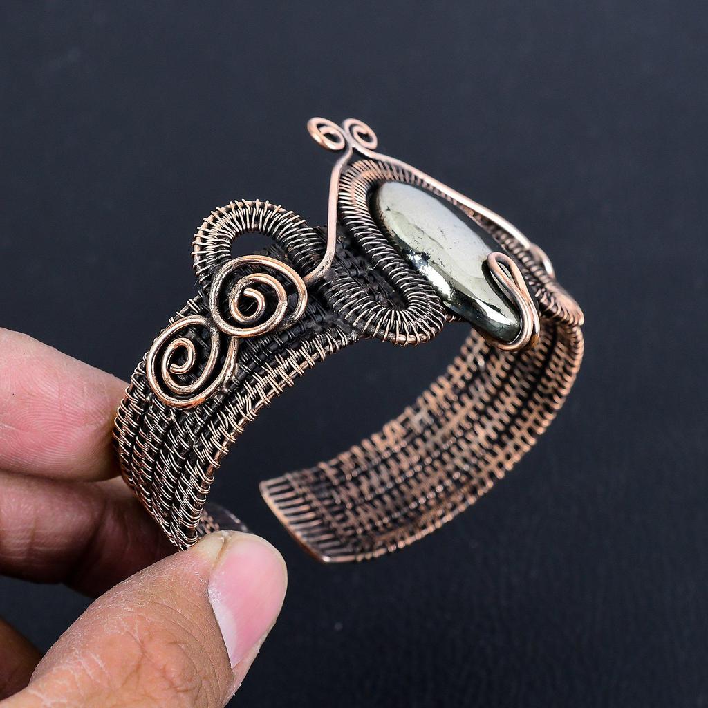 Golden Apache Pyrite Bangle, 999 Copper Wire Wrapped Jewelry, Gemstone Bangle Gift For Her Handmade Dainty Cuff Jewelry