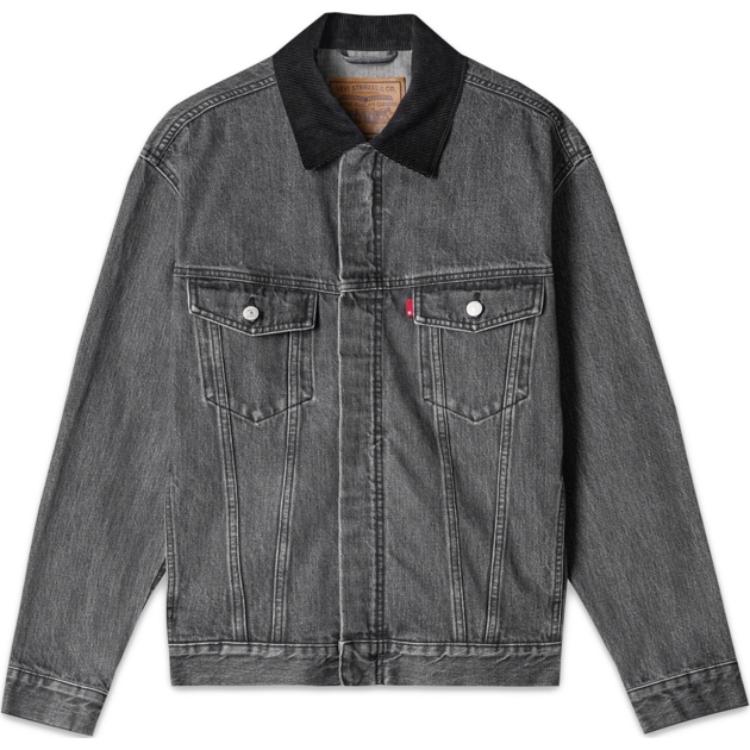 Levis Vintage Solid Color Lapel Zipper Loose Long Sleeve Denim Jacket Men jackets Gray 002I4-0000