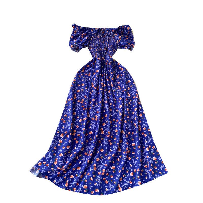 French Retro Floral Slimming High-Waist Long Dress with Pleated Drawstring and Big Swing Hem