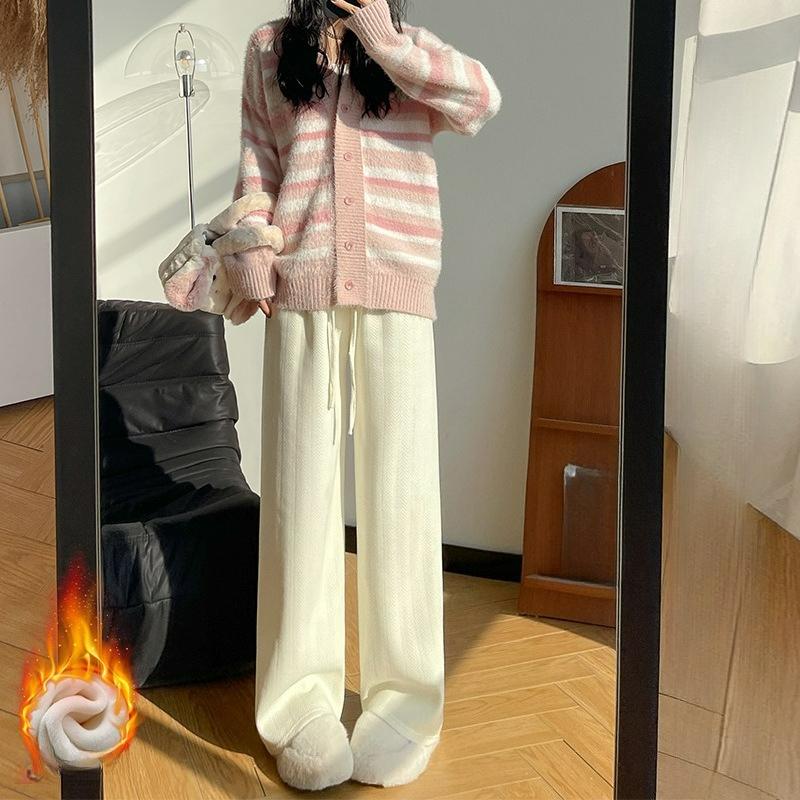 Spodnie damskie w jodełkę z szerokimi nogawkami na jesień i zimę, spodnie pluszowe są cienkie, luźne, codzienne, z wysokim stanem, z prostymi nogawkami