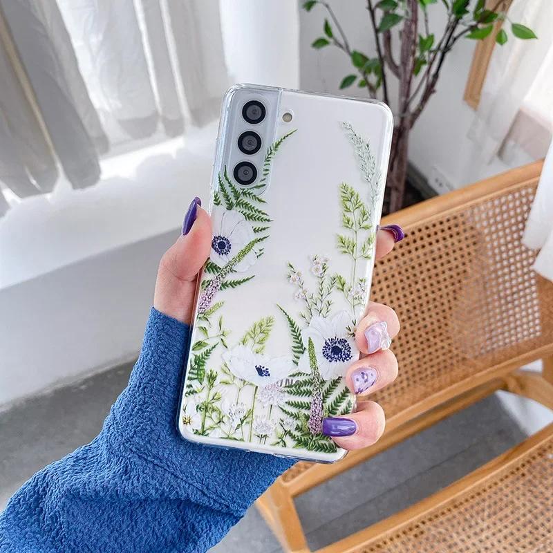 Süße handbemalte Handyhülle mit Blumen für Samsung S25 S24 S22 S21 FE Ultra Klare Silikonhüllen für Samsung Galaxy S23 Plus Ultra Hülle