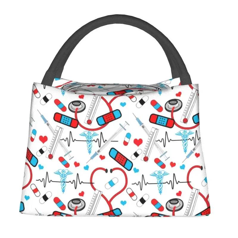 Nurse Nursing Tool Pattern Insulated Lunch Bag for Work Office Resuable Thermal Cooler Bento Box Women