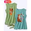 Follow a Specific Direction Two-piece Women's Vest Set Watercolor Fox and Cherry Blossom Vintage Print Elegant Summer Clothing Sleeveless Vest