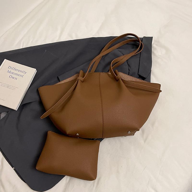  Elegant Women's Large Capacity Bucket Shoulder Bag Vintage PU Leather Solid Color Tote Bag for Daily Use