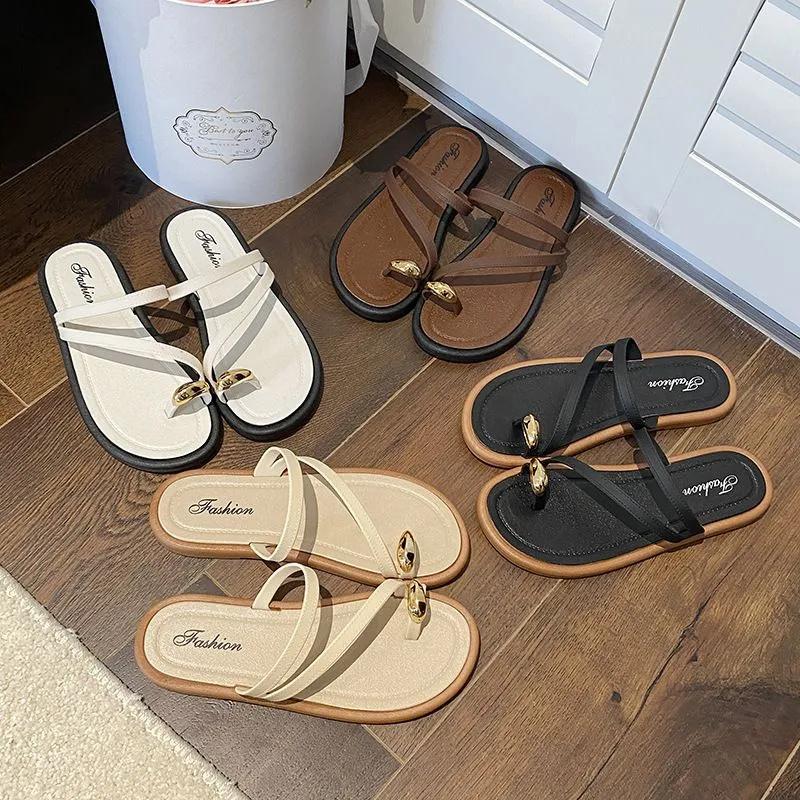 Women Flat Toe Loop Sandals Casual Open Toe Adjustable Buckle Strap Beach Slip On Sandals Lightweight Comfortable Footwear