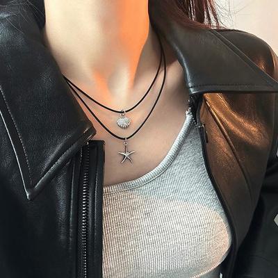 Retro Black Rope Heart Shell Pendant Necklace For Women Starfish Clavicle Chain Necklace Trendy Accessories Gift