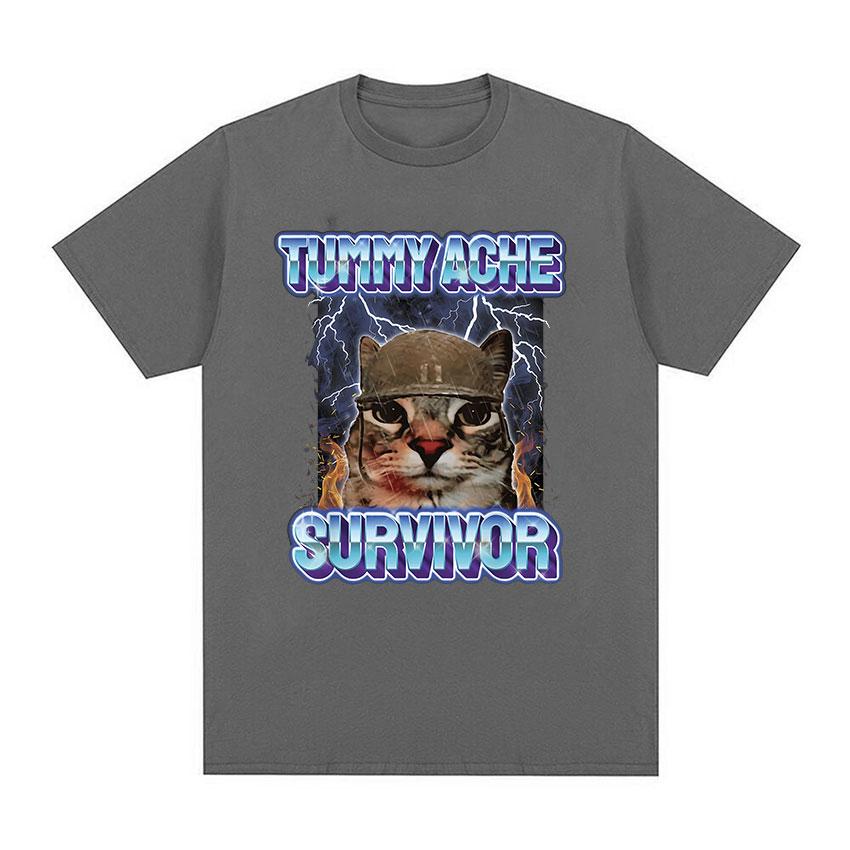 Vintage Tummy Ache Survivor Funny Cat Meme Tee Shirt Men Women Clothing Fashion Short Sleeve T-shirt Casual Pure Cotton T Shirts