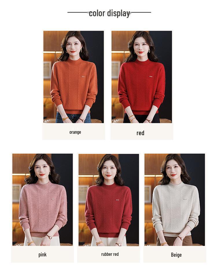 Maternity 100% Pure Wool Autumn/Winter Sweater for Women, Half-High Neck, Thickened Plain Color Base Layer for Middle-Aged & Elderly.