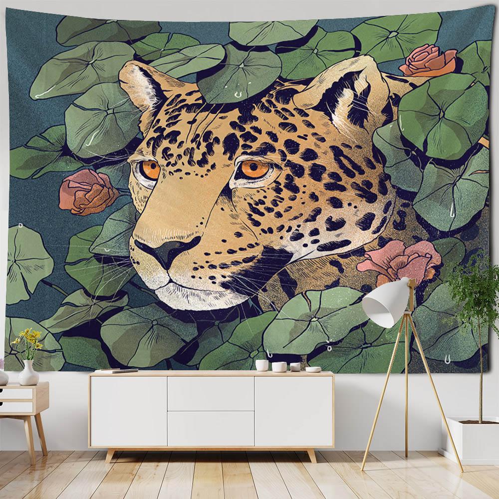 Tropical plant and animal tapestry, leopard wall hanging, Bohemian hippie Tapiz, bedroom, living room, home decoration