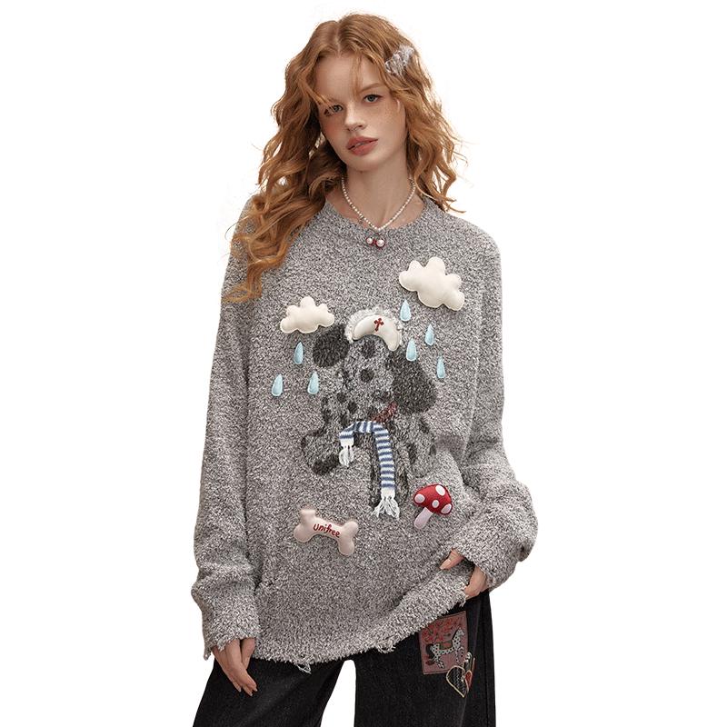 

UNIFREE Women s Soft Printed Ripped Pullover Sweater S