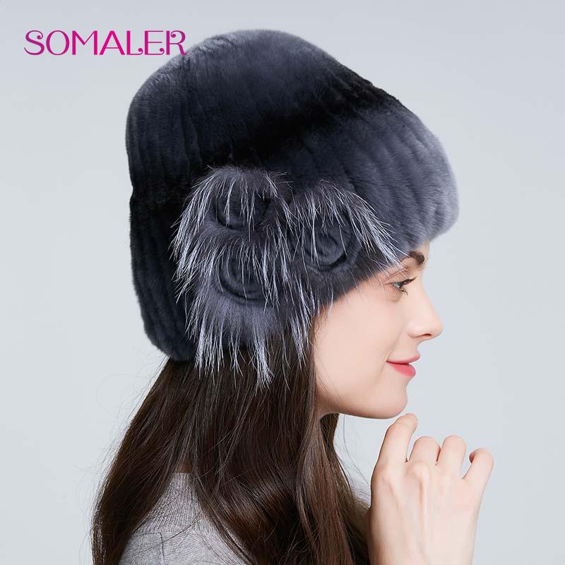 Зимняя вязаная женская шапка с мехом кролика на подкладке — фото 10