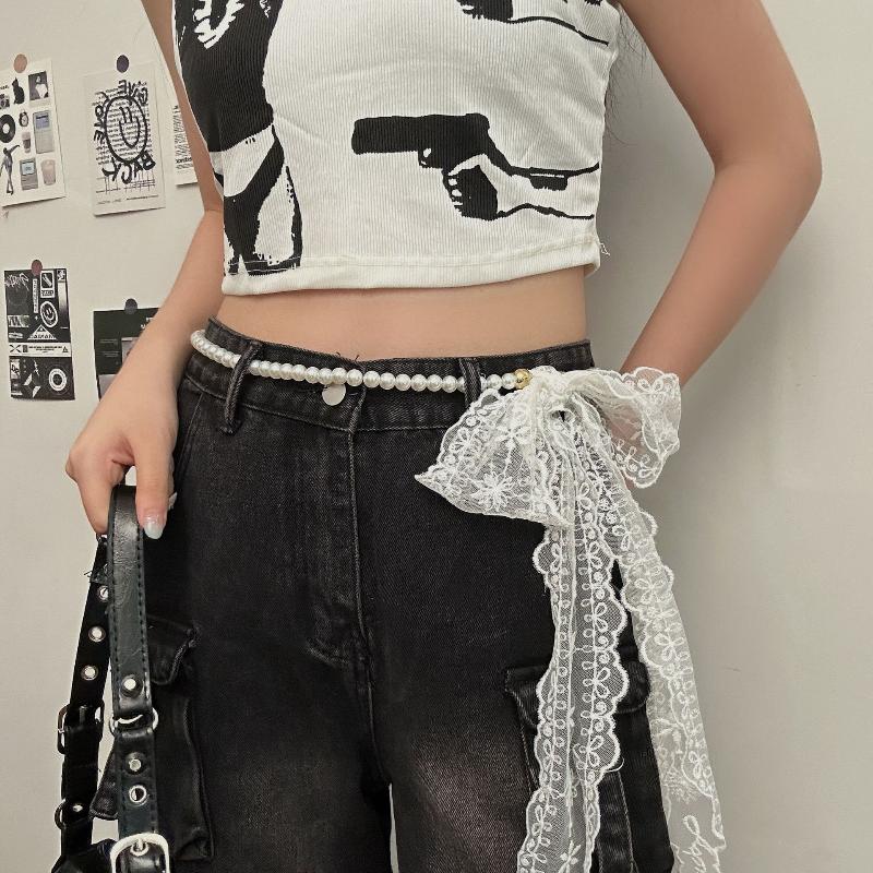 Elegantní dlouhý mašlový krajkový pásek řetízek dámský perlový střapec ozdoba pasu vázací řetízek k šatům džínový pásek