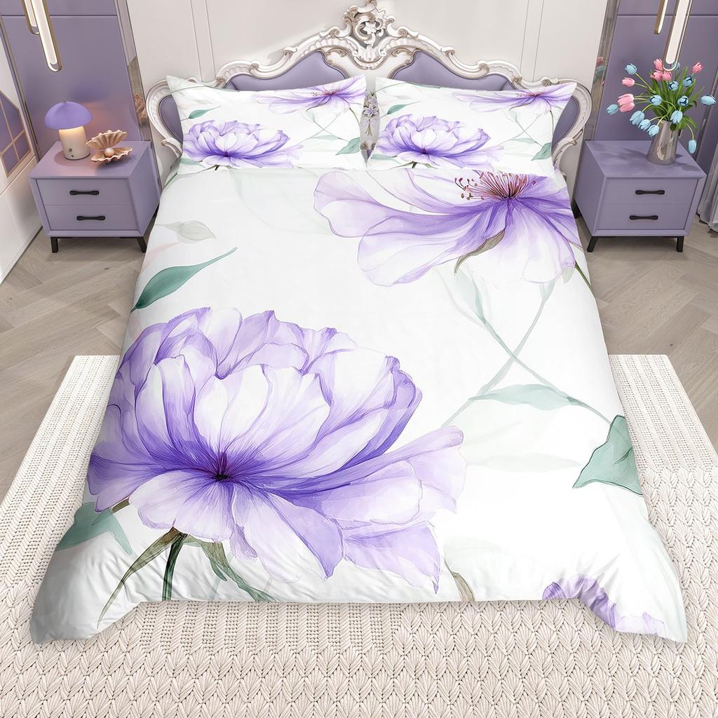 Homewish Watercolor Lotus Flower Duvet Cover Set for Girls, Oil Painting Floral Bedding Set, Botanical Blossom Comforter Cover