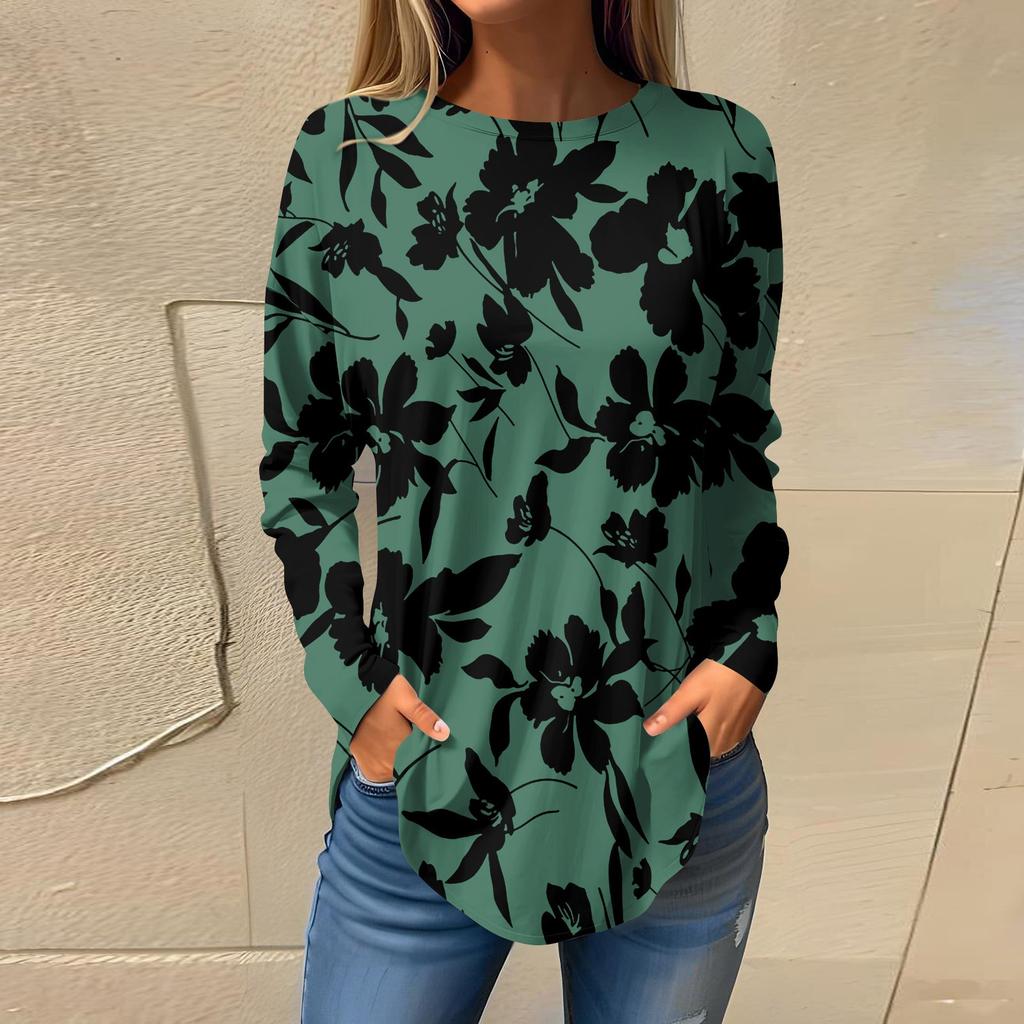 Women's Loose Casual Flower Printed Round Neck Long Sleeved T Shirt Top Pullover Long Sleeved Sweatshirt