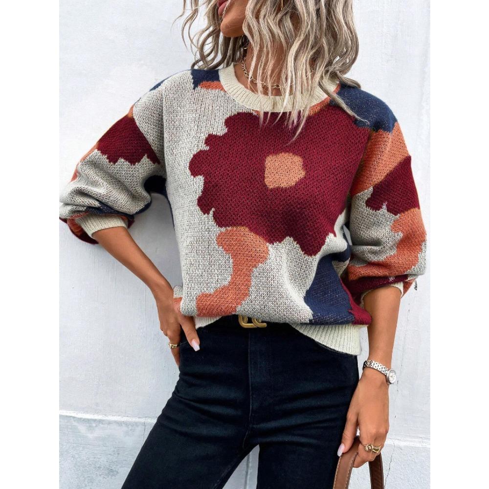 Autumn/Winter Round-neck Long-sleeved Knitted Top – Fashionable and Versatile Jacquard Casual Pullover for Women