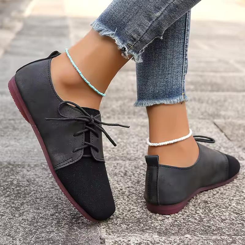 Zapatos planos de punta redonda marrones para primavera y otoño, zapatos planos de ante sintético con cordones para mujer, zapatos casuales suaves para caminar de talla grande para mujer