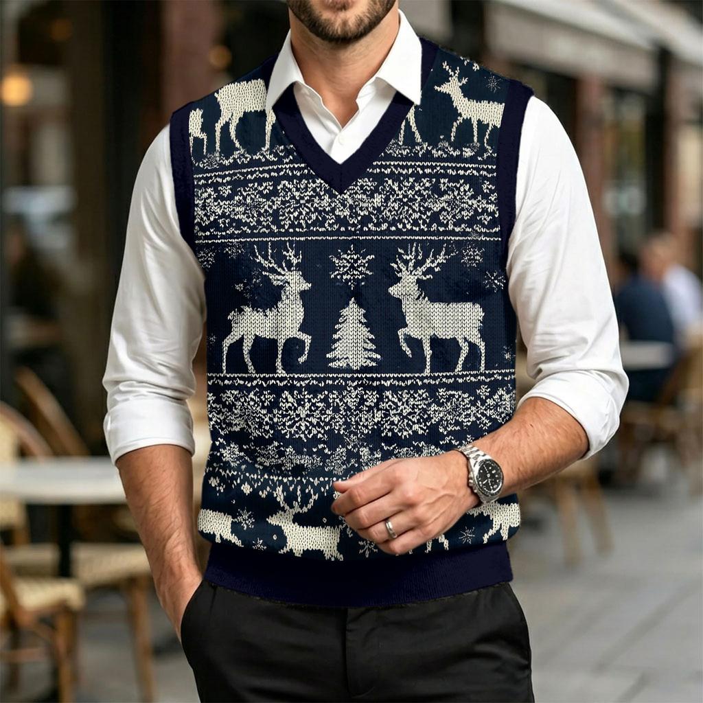 Men's V-Neck Sweater Vest Christmas Print Wool Knit Casual Sleeveless
