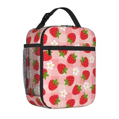 Pink Strawberry Cute Floral Tote Insulated Lunch Bag Cartoon Portable Food Bags Reusable Thermal Cooler Large Size Bento Box