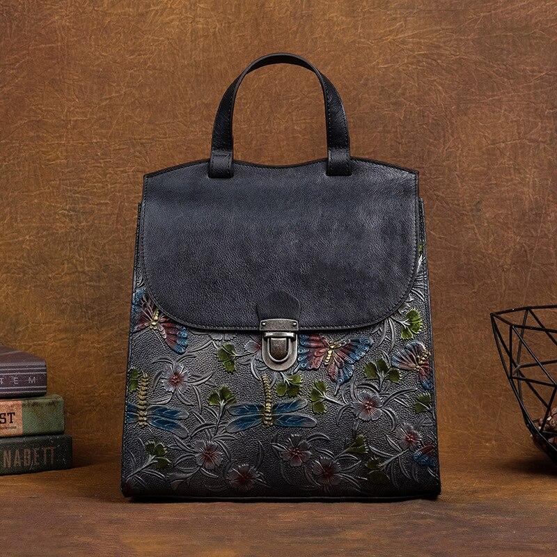 Johnature Vintage Embossed Backpack Genuine Leather Women Bag Chinese Style Floral Natural Soft Cowhide Ladise Travel Bags