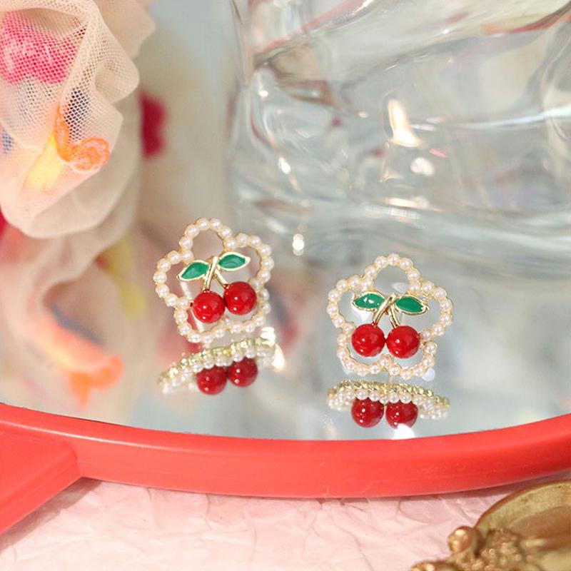 Sweet Lovely Pearl Cherry Stud Earrings For Women Girls Korean Style Jewelry Earrings Gifts