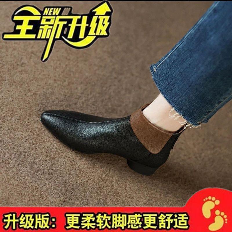 3 Leather Soft-soled Short Boots Women's Spring and Autumn Single Boots Pointed 2025 New Winter Velvet Versatile French Boots Women