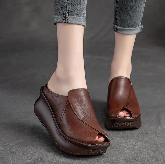 Fashion 7CM Wedges Heel Slippers Women Summer Slip On Fish Mouth Cow Genuine Leather Slippers Height Increasing Platform Casual Slides