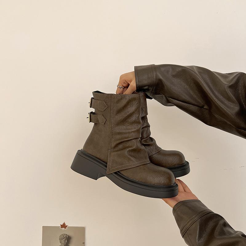 

British retro design pleated leather boots slim short boots autumn and winter muffin thick-soled trousers women s knight boots 40 коричневый