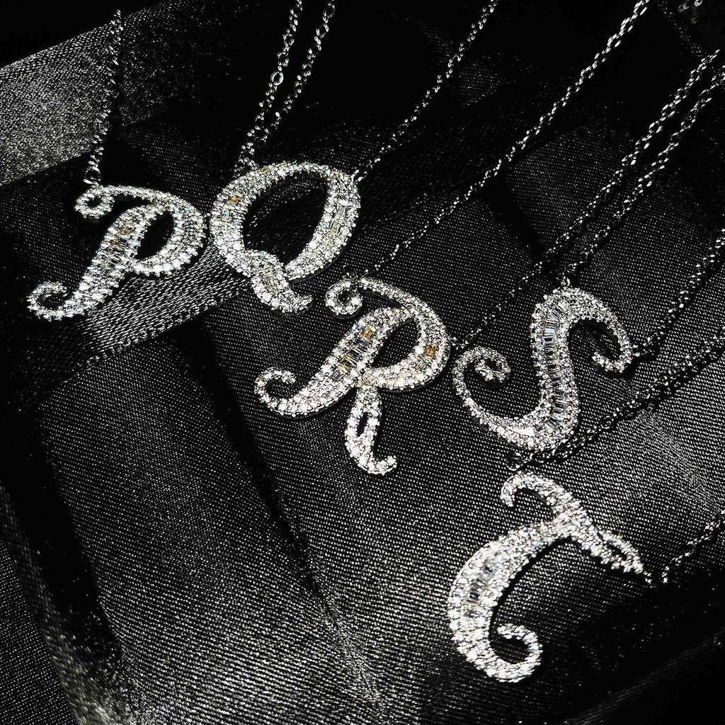 TikTok Live French-English Initial Pendant Necklace - Customizable 26 Letters, Full Diamond, Personalize Your Name or Surname