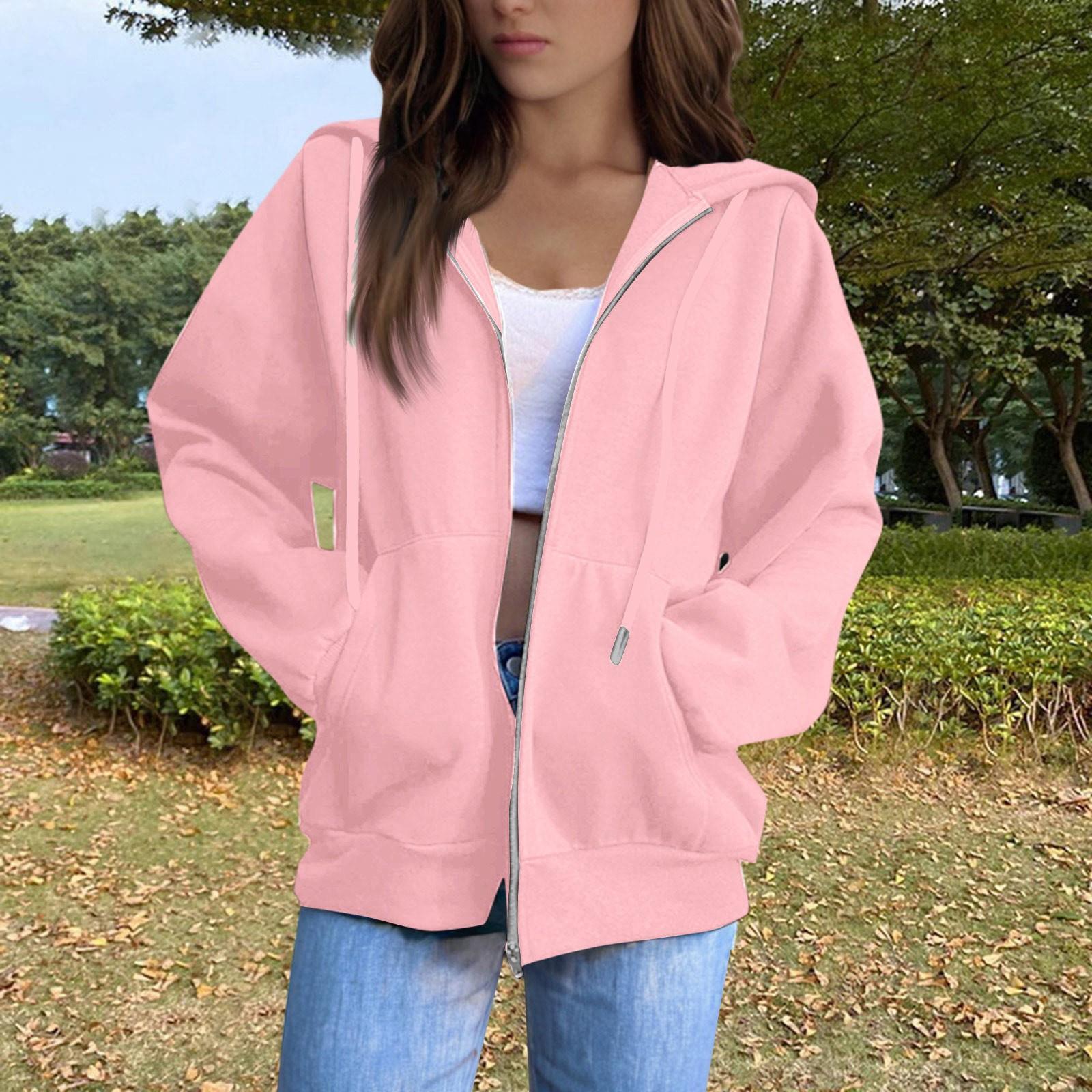 

Women s Color Long Sleeved Round Neck Plush Zipper Hooded Sweatshirt With Drawstring S рожевий