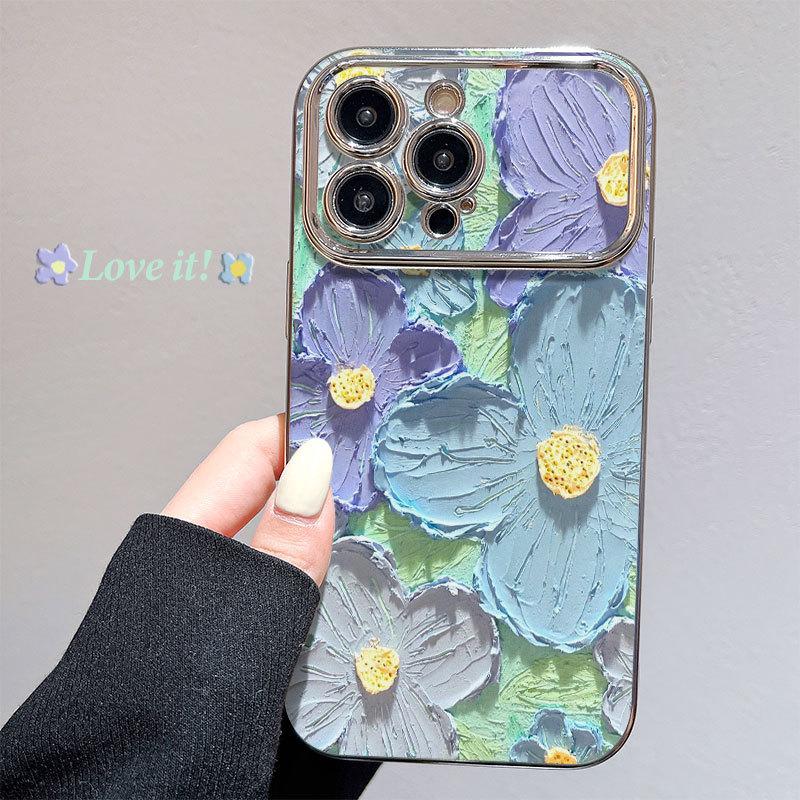 Large Windows Suitable for Apple 12PRO Electroplated Flower Mobile Phone Case IPhone 15XSMAX Protective Case Anti Fall Oil Painting